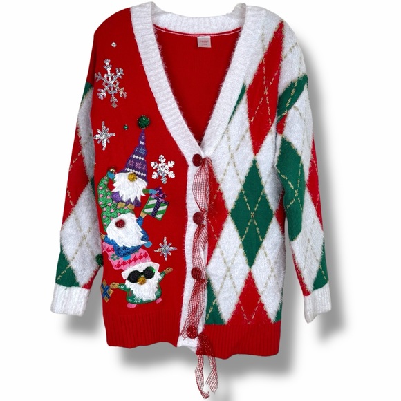 Holiday Time Gnome Ugly Sweater Knit Christmas Cardigan Oversized Bow size Small - Picture 3 of 7